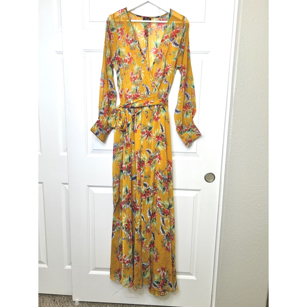 Spy Zone Exchange Maxi Dress‎ Large Yellow Tropical Floral Wrap